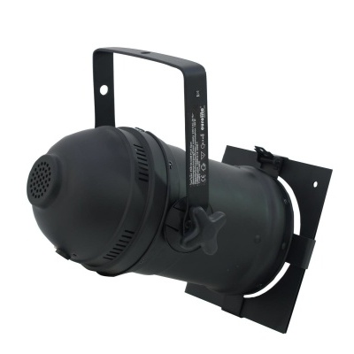 Projetor de luz preto com suporte ajustável em fundo branco