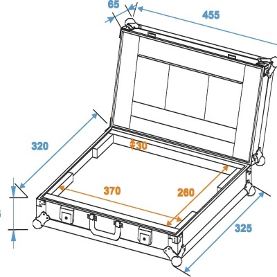 Desenho técnico de mala de transporte rígida com dimensões