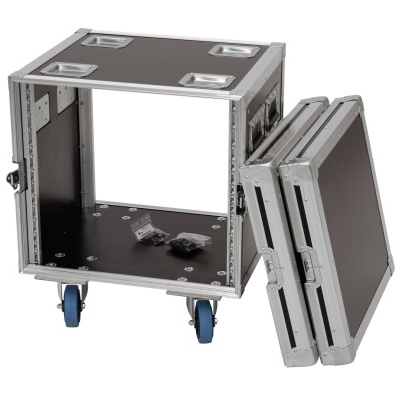 Mala de transporte profissional preta com estrutura metálica e rodas azuis