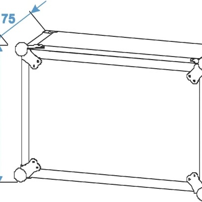 Desenho técnico de mala rígida branca com rodas e cantos reforçados