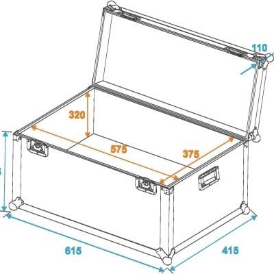 Esquema técnico de caixa retangular aberta com dimensões em milímetros.