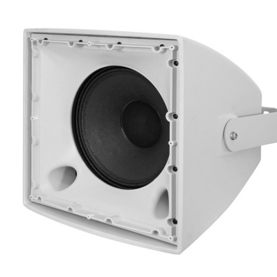 Coluna de som branca com alto-falante preto e suporte lateral