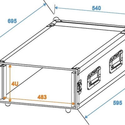 Desenho técnico de case rígida branca com medidas e alças
