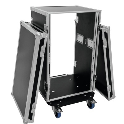 Mala de transporte preta com estrutura metálica e rodas