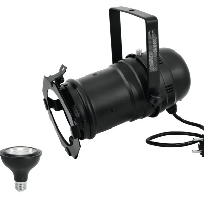 Refletor de palco preto com suporte e lâmpada separada sobre fundo branco