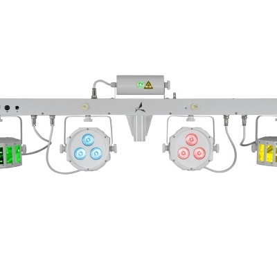 Luzes LED coloridas suspensas em estrutura metálica cinza com símbolo de aviso radioativo