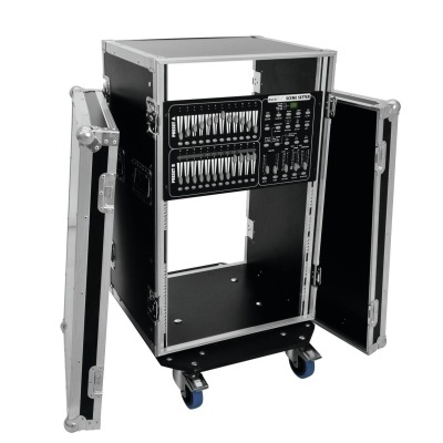 Armário de transporte preto com rodas e painel frontal com botoeiras QDM SYSTEM