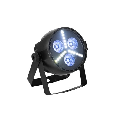 Projetor de luz LED preto com três lentes azuis iluminadas sobre fundo branco