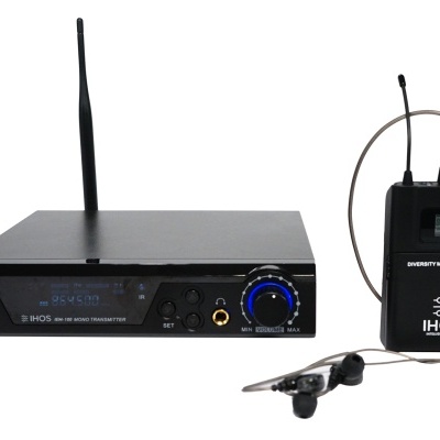 Sistema de microfone sem fio IHOS preto com transmissor, receptor e auscultadores