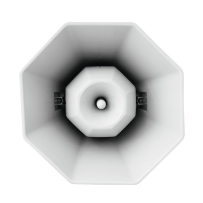 Megafone branco visto de frente com forma octogonal