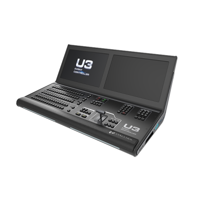 Consola de controlo para eventos U3 com dois ecrãs e vários botões