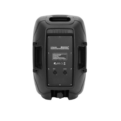 Coluna de som preta vista de trás com painel e conectores