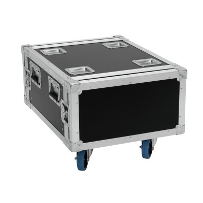 Caixa de transporte preta com quatro rodas azuis e estrutura metálica prateada