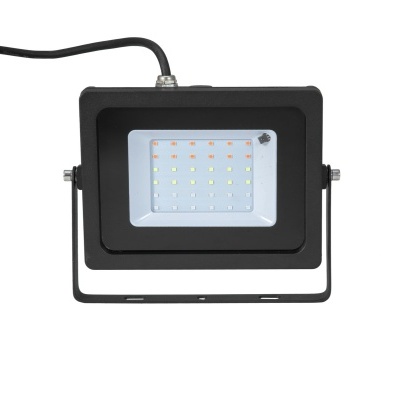 Projetor LED retangular preto com LEDs visíveis e suporte ajustável