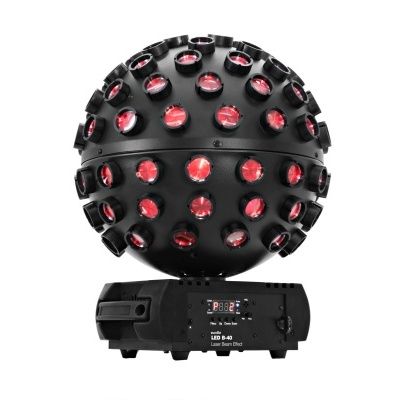 Dispositivo de iluminação esférico preto com pequenos espelhos vermelhos e base com controles eletrónicos