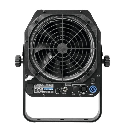 Ventoinha industrial preta com conexões elétricas e etiquetas técnicas