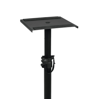 Suporte preto ajustável para equipamento de som em fundo branco