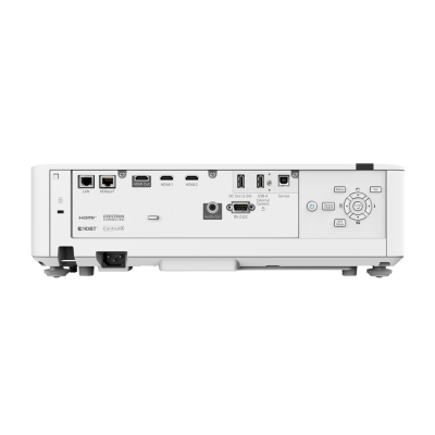 Parte traseira de projetor branco com várias portas e botões
