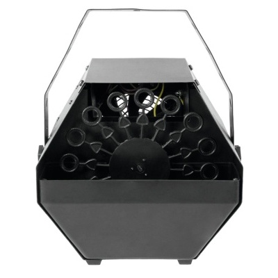 Máquina de bolhas de sabão preta com estrutura metálica prateada