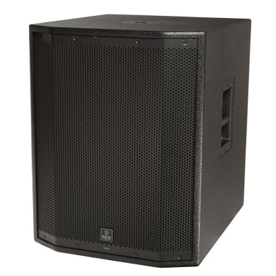 Coluna de som preta com grelha metálica e alça lateral