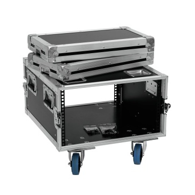 Mala de transporte profissional preta com estrutura metálica e rodas azuis