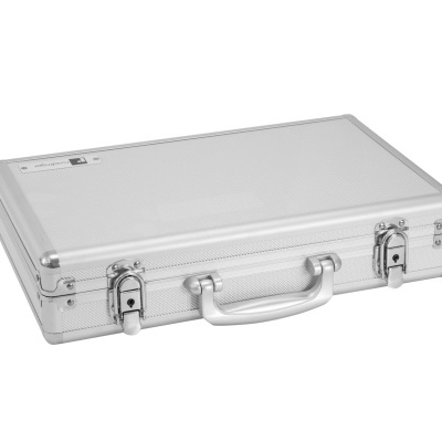 Mala rígida prateada com fechos e pega