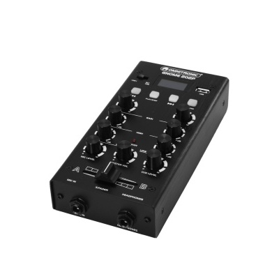 Mesa de mistura de DJ preta com botões e texto 'DJ CONTROLLER SOUND CARD'