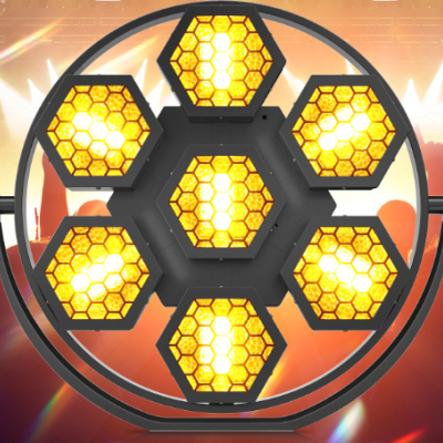 Luz de palco circular com painéis hexagonais amarelos e estrutura preta