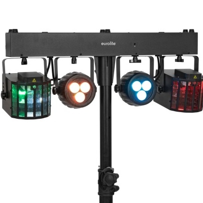 Sistema de iluminação DJ EvoLite com luzes led verdes, vermelhas, brancas e azuis sobre suporte preto.