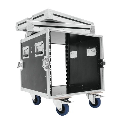 Estojo de transporte rígido preto com estrutura metálica prateada e rodas azuis aberto