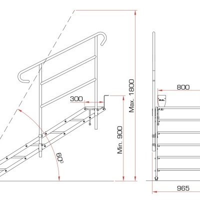 Desenho técnico de escada dobrável com corrimão e medidas em milímetros