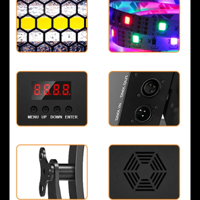 Detalhes de equipamento eletrónico com LEDs, display digital, conectores DMX, suporte metálico e grelha ventilação preta.