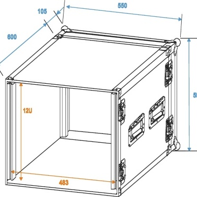Case branco retangular com dimensões e fechos metálicos em desenho técnico