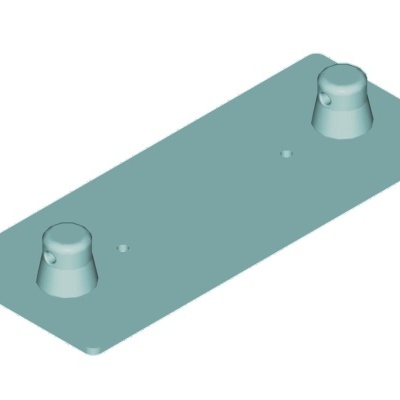 Peça retangular de plástico cinza com duas protuberâncias cónicas