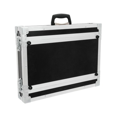 Mala rígida preta com linhas brancas e estrutura metálica prateada