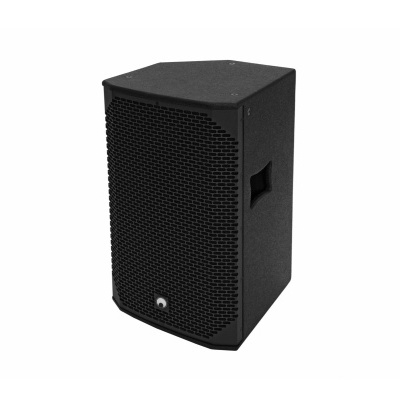 Coluna de som profissional preta com grelha hexagonal e alças laterais