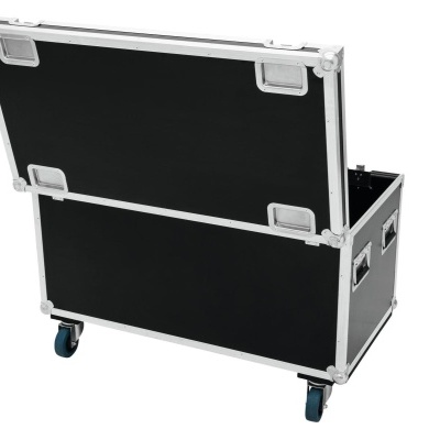 Caixa de transporte preta em metal e madeira com rodas azuis e tampo aberto