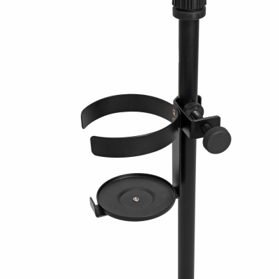 Suporte de microfone preto em metal com argola e base redonda