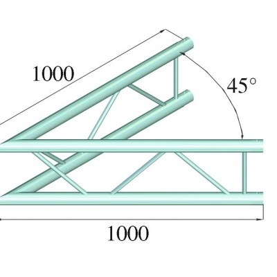 Estrutura metálica triangular azul claro com dimensões e ângulo indicado