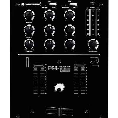 Mesa de mistura DJ Omnitronic PM-222 preta com botões brancos e indicadores LED