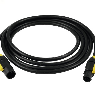 Cabo elétrico preto com conetores cilíndricos e detalhes amarelos