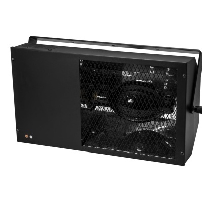 Aquecedor industrial portátil preto com grelha e botões na frente