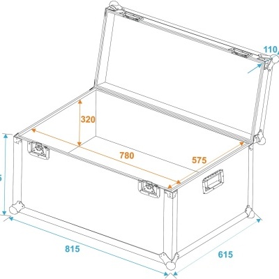 Desenho técnico de uma caixa retangular com tampa aberta e medidas em milímetros.