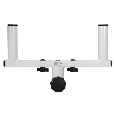 Suporte metálico branco com dois tubos verticais e peça central com parafusos pretos