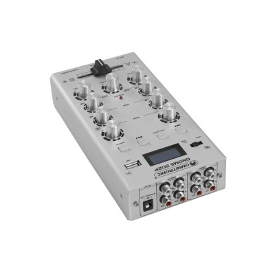 Mixer de áudio cinza compacto com botões e conexões RCA