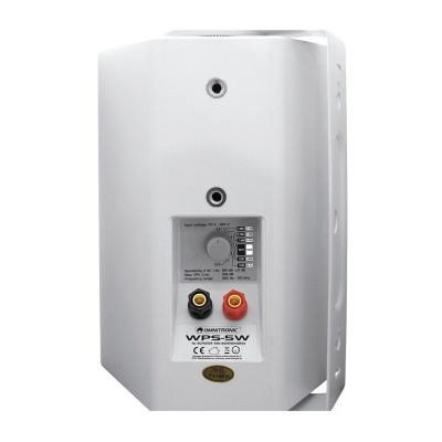 Coluna de som branca com painel traseiro e ligações áudio