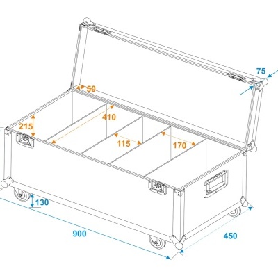 Caixa de armazenamento técnica com divisórias e rodas com medidas em mm