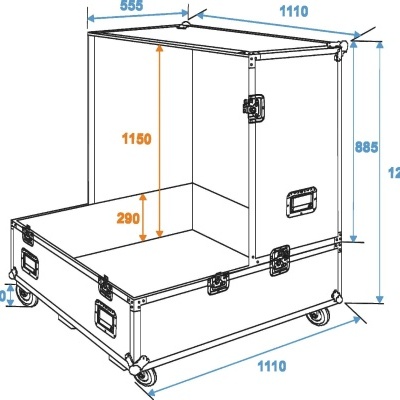 Caixa de transporte metálica com rodas e fechaduras, com dimensões anotadas