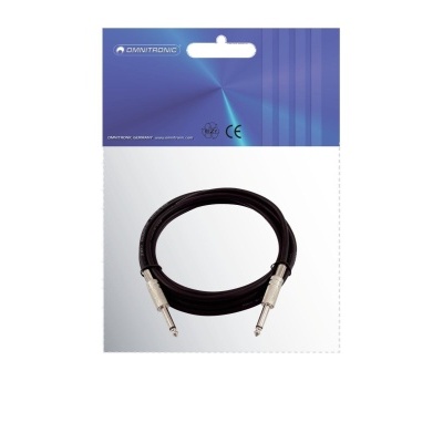 Cabo áudio preto com conectores jack 6,35 mm em embalagem branca e azul