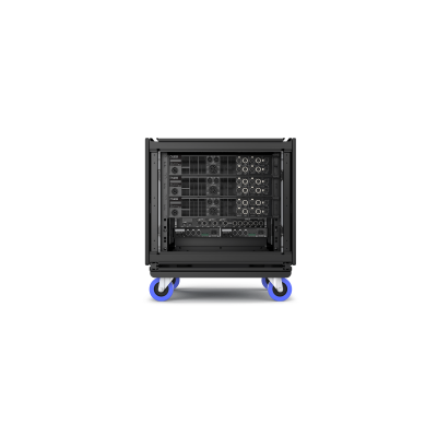 Racks metálicos pretos com componentes eletrónicos em estrutura com rodas azuis